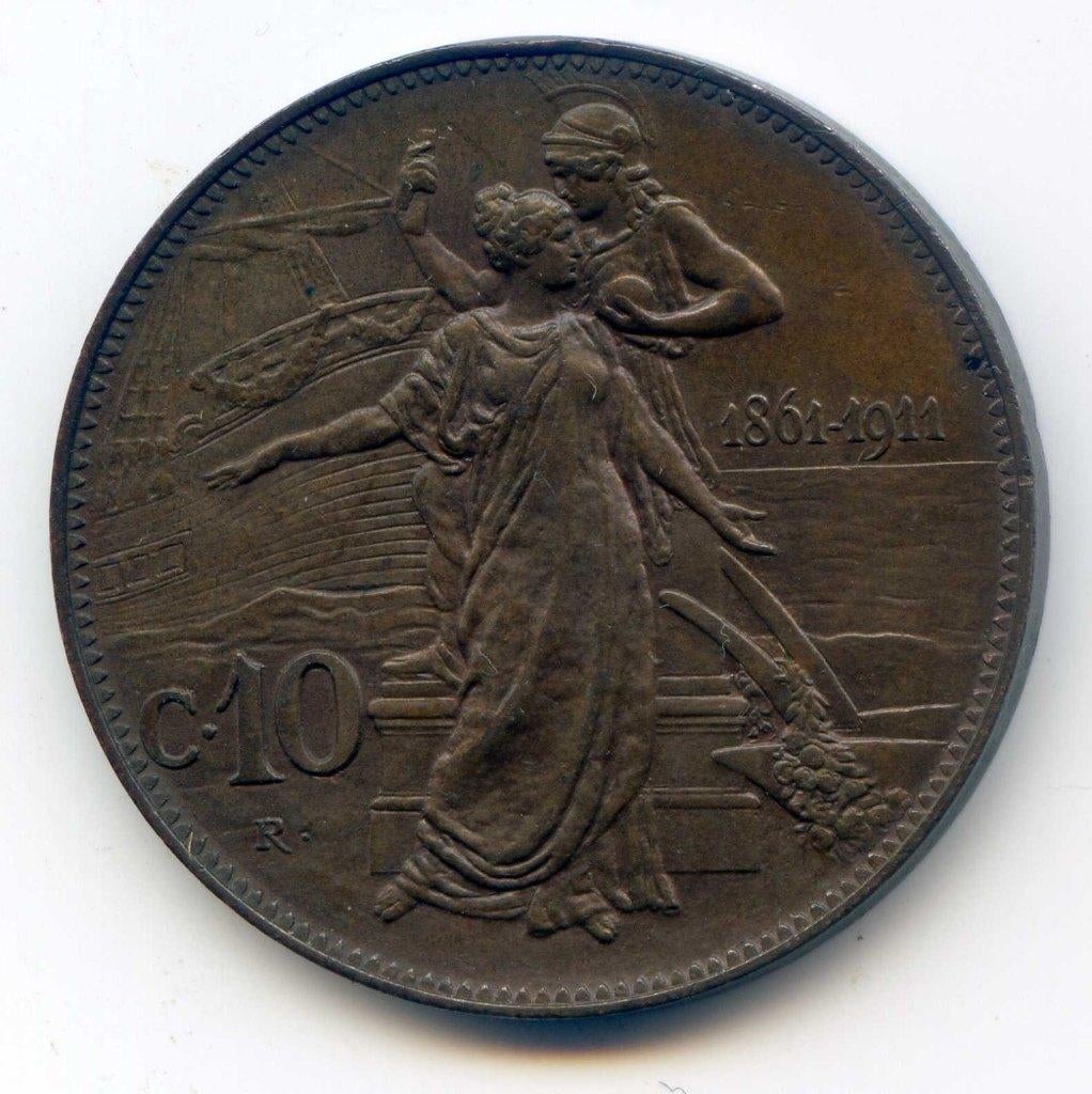 Italië 10 Centesimi 1911 Schip en Vrouw Blote Borst UNC-, Ophalen of Verzenden, Italië