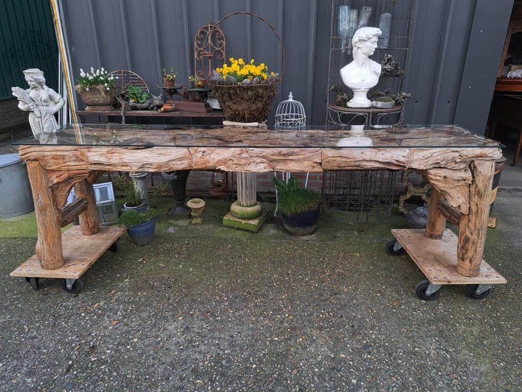 Unieke Teakhouten drijfhouten sidetable wandtafel, met glasp, Ophalen of Verzenden, Zo goed als nieuw