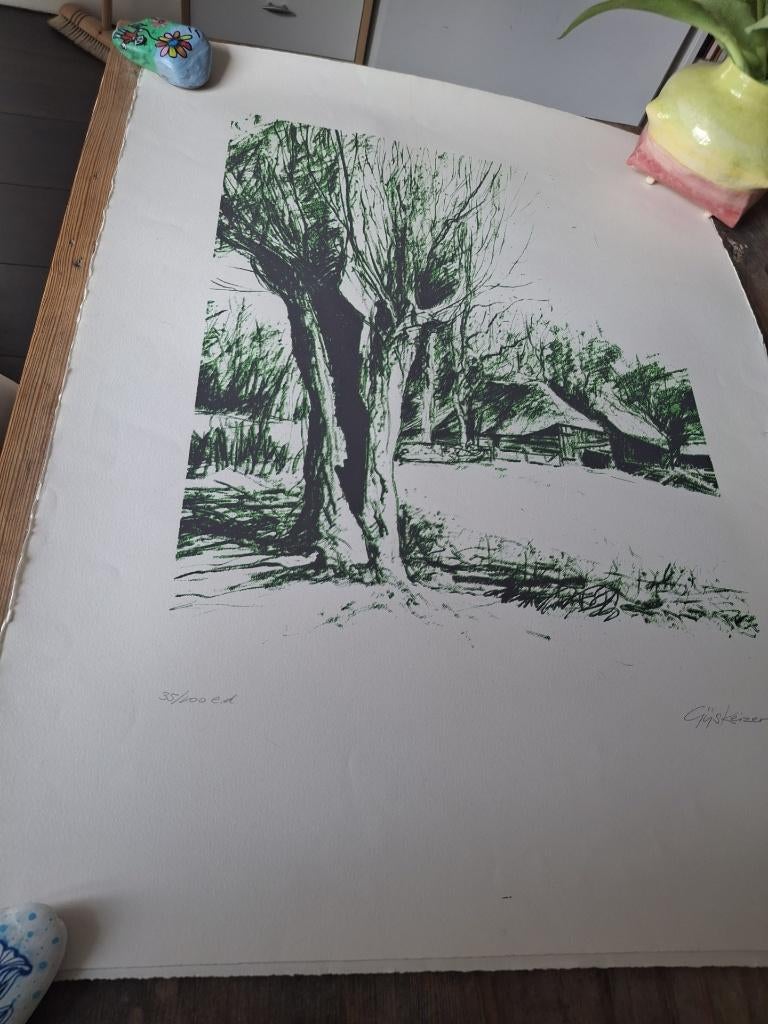 Gijs Keizer Tekening Koeienstal uit Hoogland (Zeefdruk), Antiek en Kunst, Ophalen of Verzenden