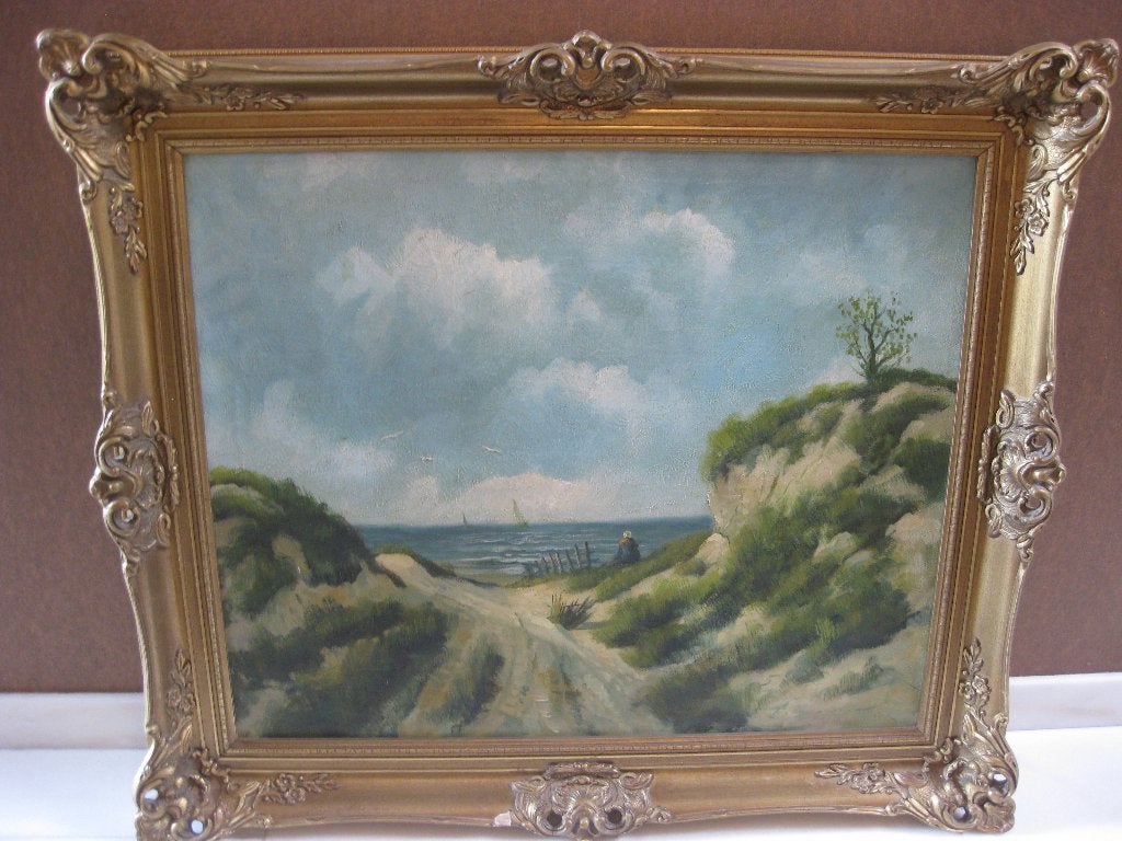 Olieverfschilderij op doek van zeezicht in antieke lijst, Antiek en Kunst, Maritiem / water, Doek, Bijzondere lijst, Ophalen of Verzenden