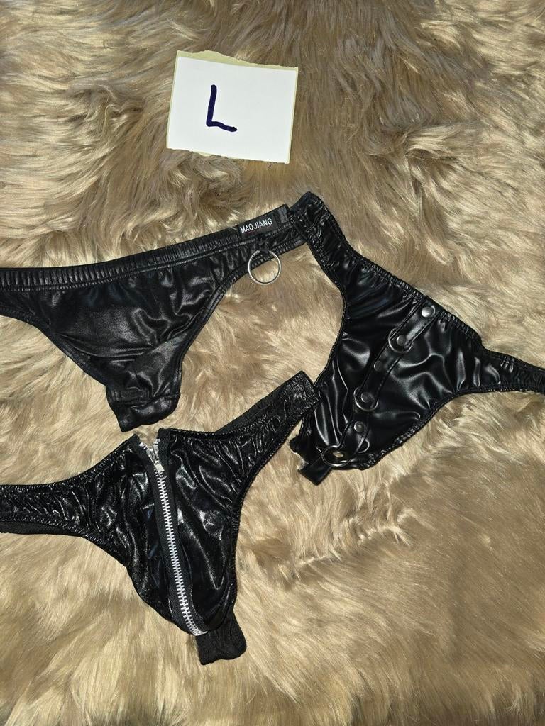 3 Nieuwe Lak Heren Strings, Kleding | Heren, Ondergoed, Slip, Zwart, Verzenden