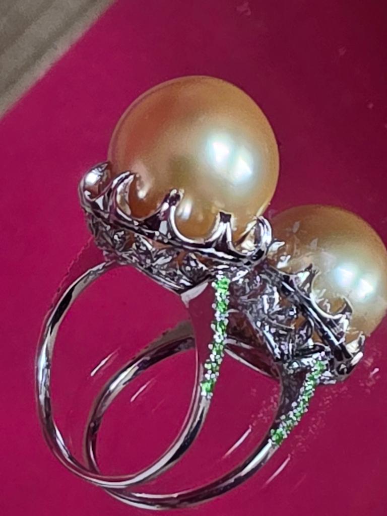 Exclusieve ring met Zuidzee parel 13,1/14,5mm, diopsiden, Sieraden, Tassen en Uiterlijk, Ringen, Met edelsteen, Wit, Ophalen of Verzenden