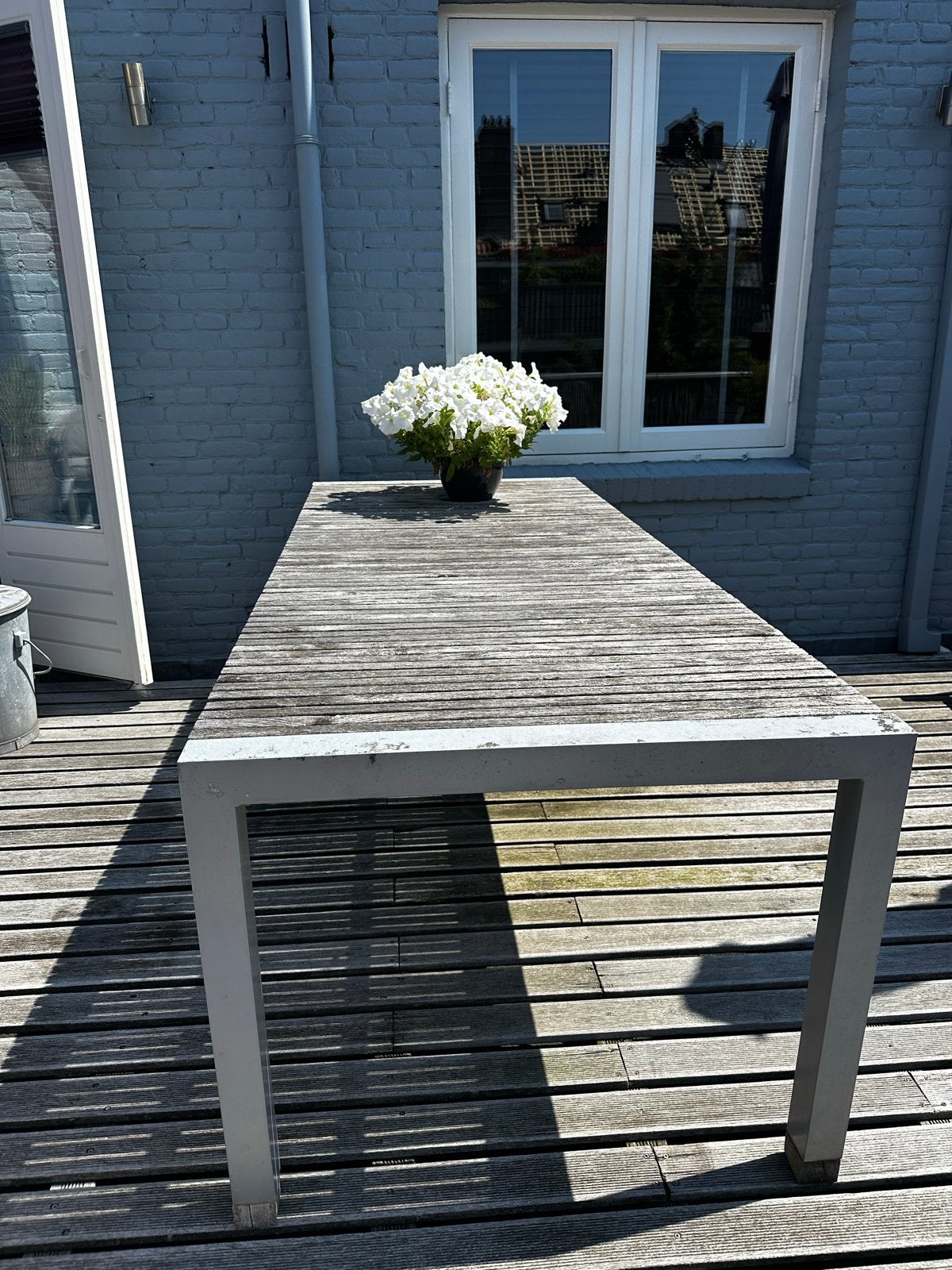 Tuintafel met teakhouten blad en aluminium frame, Tuin en Terras, Tuintafels, Ophalen, Gebruikt, Rechthoekig, Hout