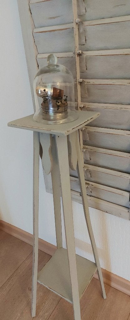 OUD HOUT "PLANT/BEELDEN"TAFELTJE, 2 PLANKS ,GRIJS KRIJTVERF, Ophalen