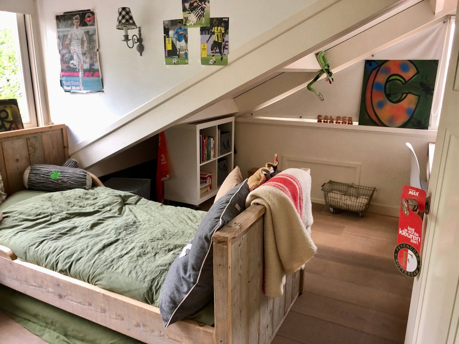 Steiger houten bed met lattenbodem, Ophalen, 85 tot 100 cm, Gebruikt, Lattenbodem