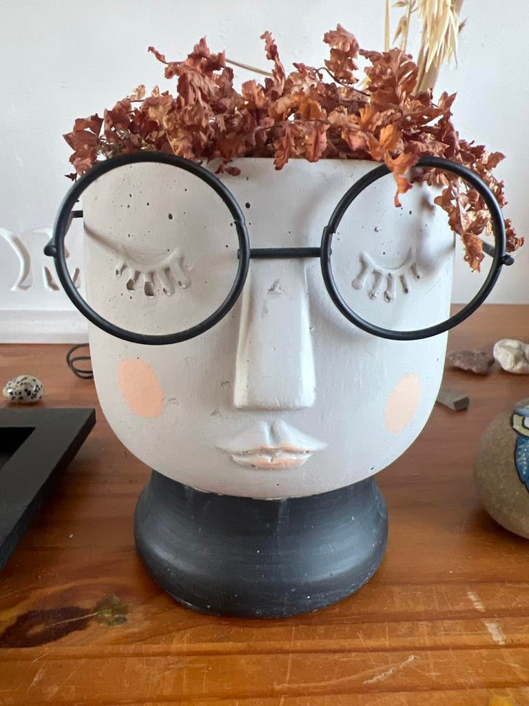 Leuke bloempot met gezicht en bril - Grijs/Zwart, Huis en Inrichting, Woonaccessoires | Vazen, Overige materialen, Gebruikt, Overige kleuren