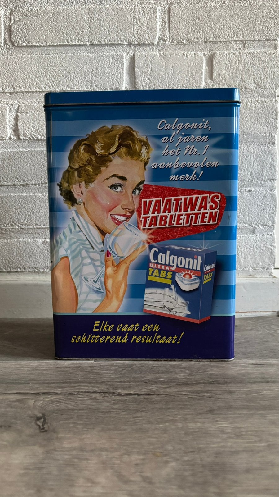 Retro Calgonit blauw bewaarblik vaatwastabletten blik, Ophalen of Verzenden