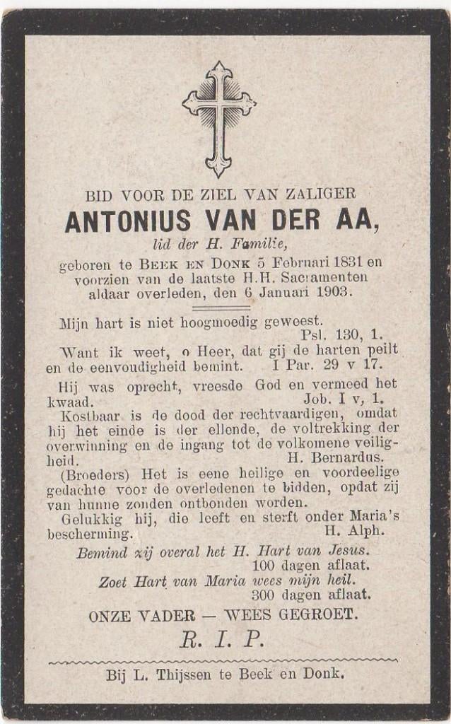 Antonius van der Aa 1831 - 1903 Beek en Donk, 71 jaar oud, Verzenden
