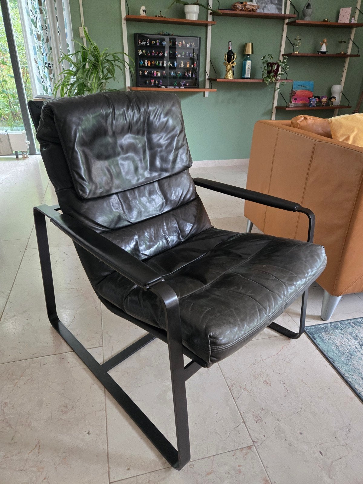 Leolux Indra Plus design fauteuil – Donkergrijs/Zwart Leer, Ophalen, Gebruikt, 50 tot 75 cm, Leer