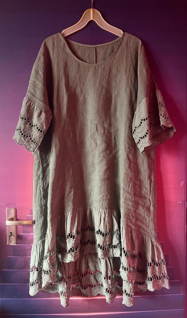 Super mooie 100% linnen jurk met sierranden 46 nu 29,99€, Made in Italy, Maat 46/48 (XL) of groter, Nieuw, Ophalen of Verzenden