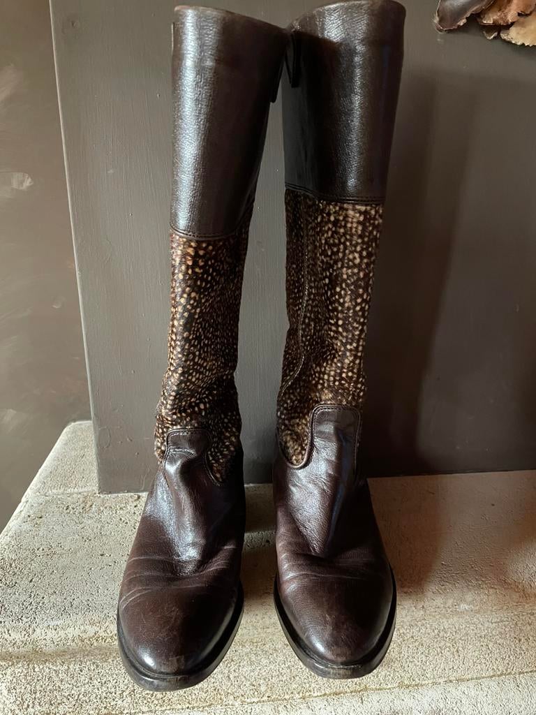 Laarzen, leder met cheeta vacht, mt 37, Hoge laarzen, Bruin, Ophalen of Verzenden, Zo goed als nieuw