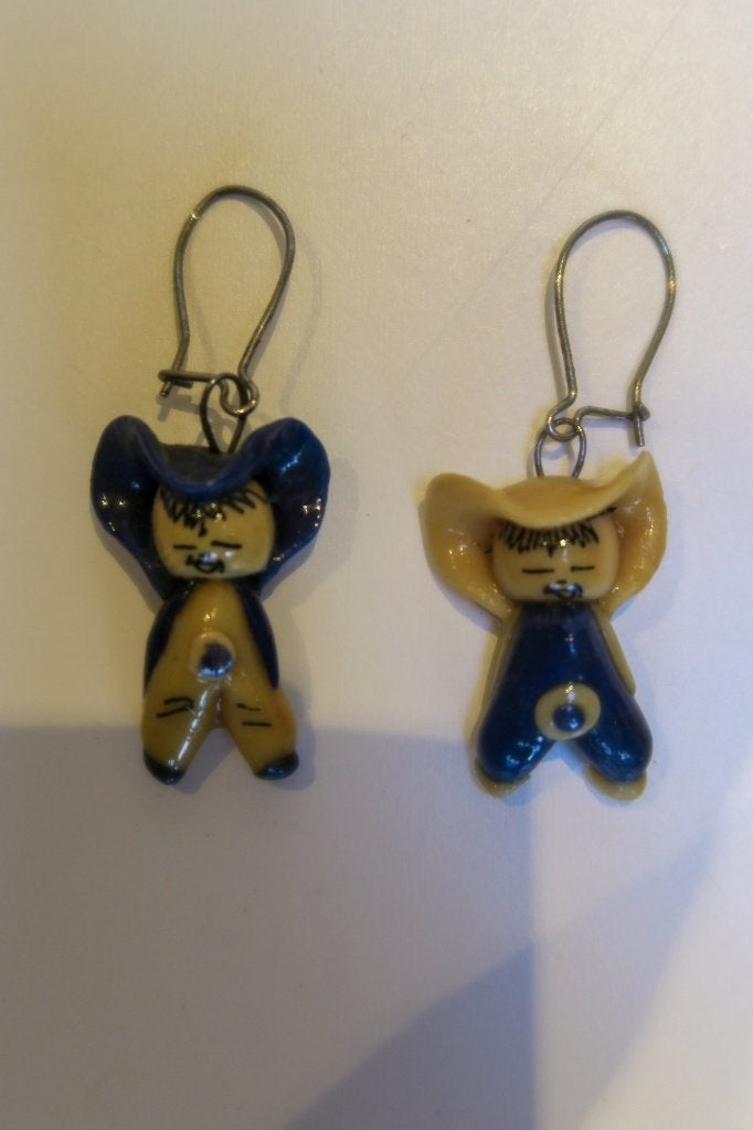 Oorbellen - Mexicaanse poppetjes - blauw geel, Overige materialen, Hangers, Blauw, Ophalen of Verzenden