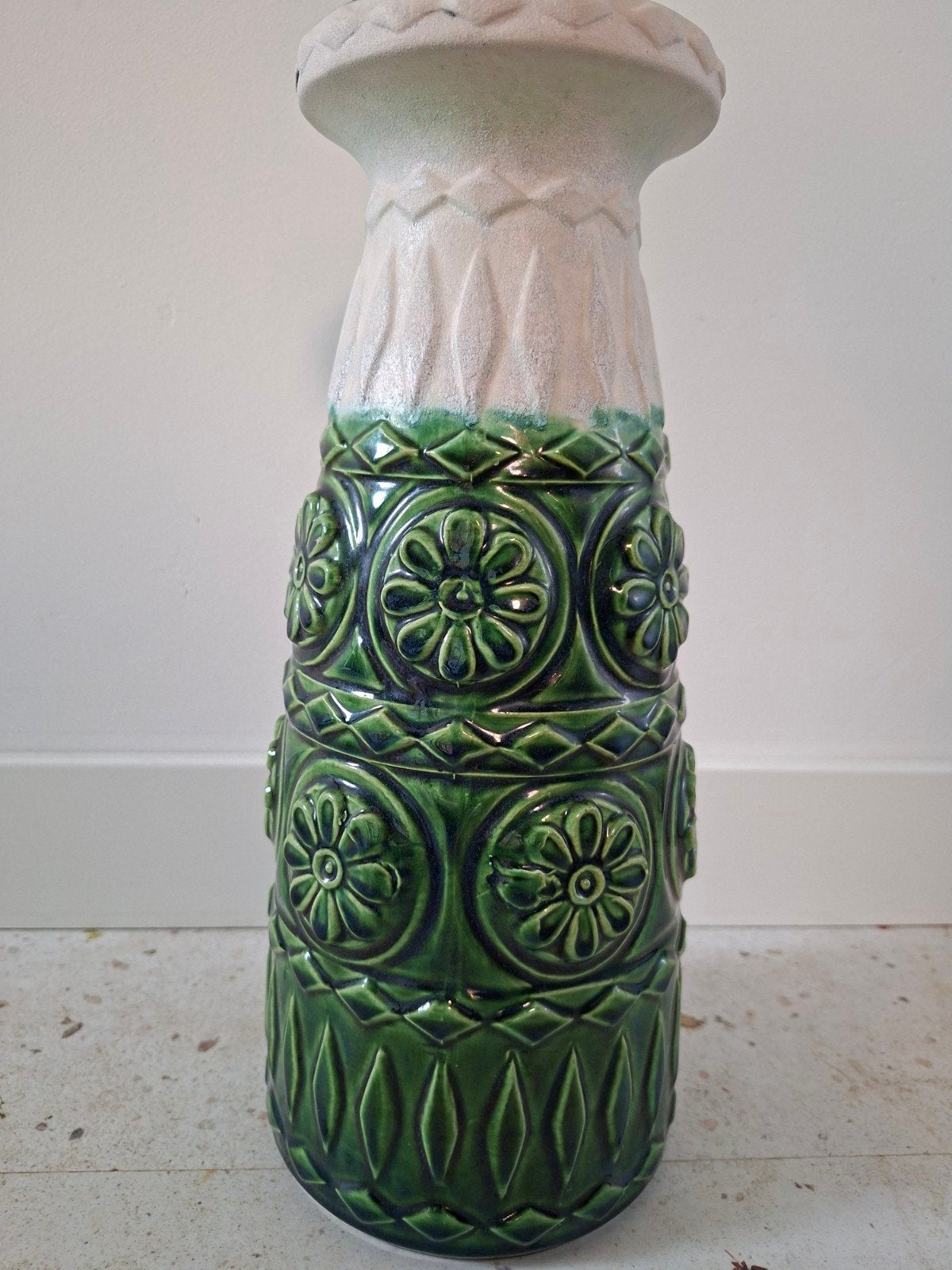 Vintage Bay Keramik vaas - Groen en wit - West-Duitsland, Ophalen of Verzenden