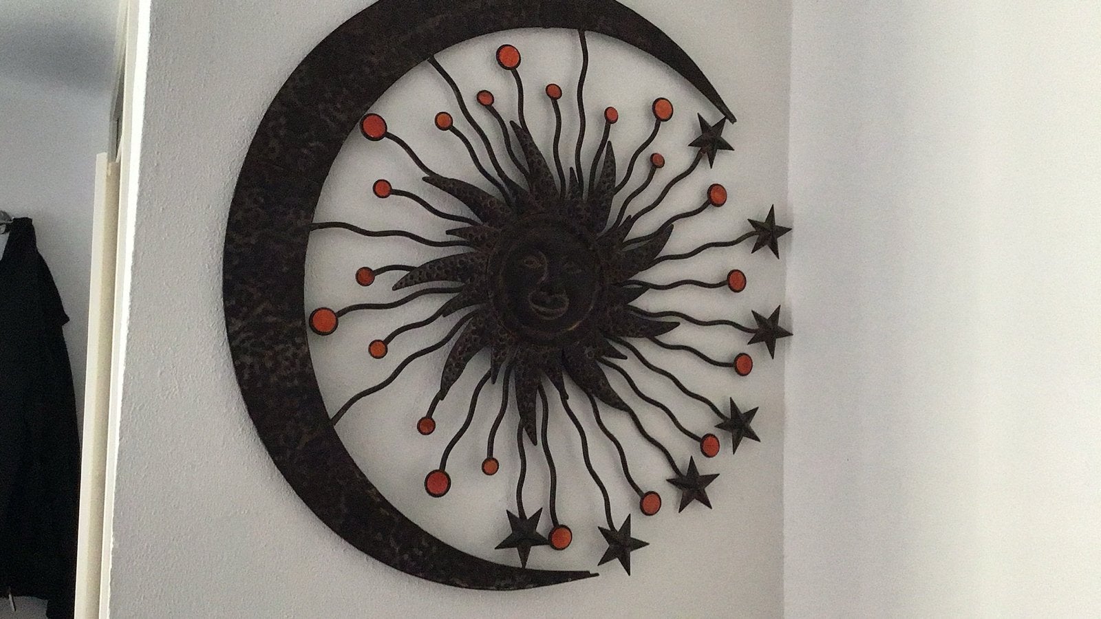 Metalen wanddecoratie zon maan sterren, Metaal, Wandsculptuur, Gebruikt, Zwart
