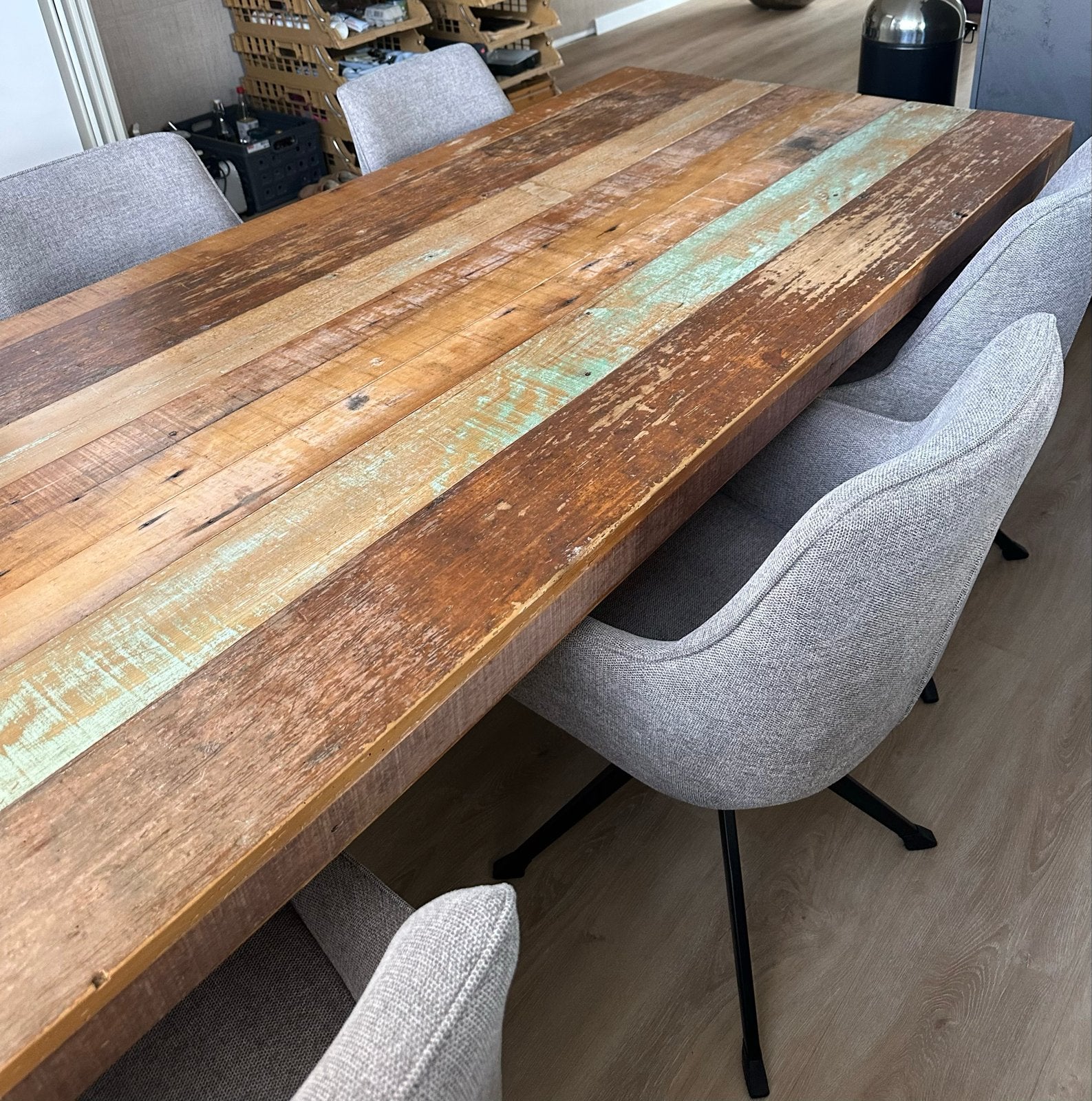 Robuuste houten eettafel van gerecycled hout, Ophalen, Gebruikt, 100 tot 150 cm, 200 cm of meer
