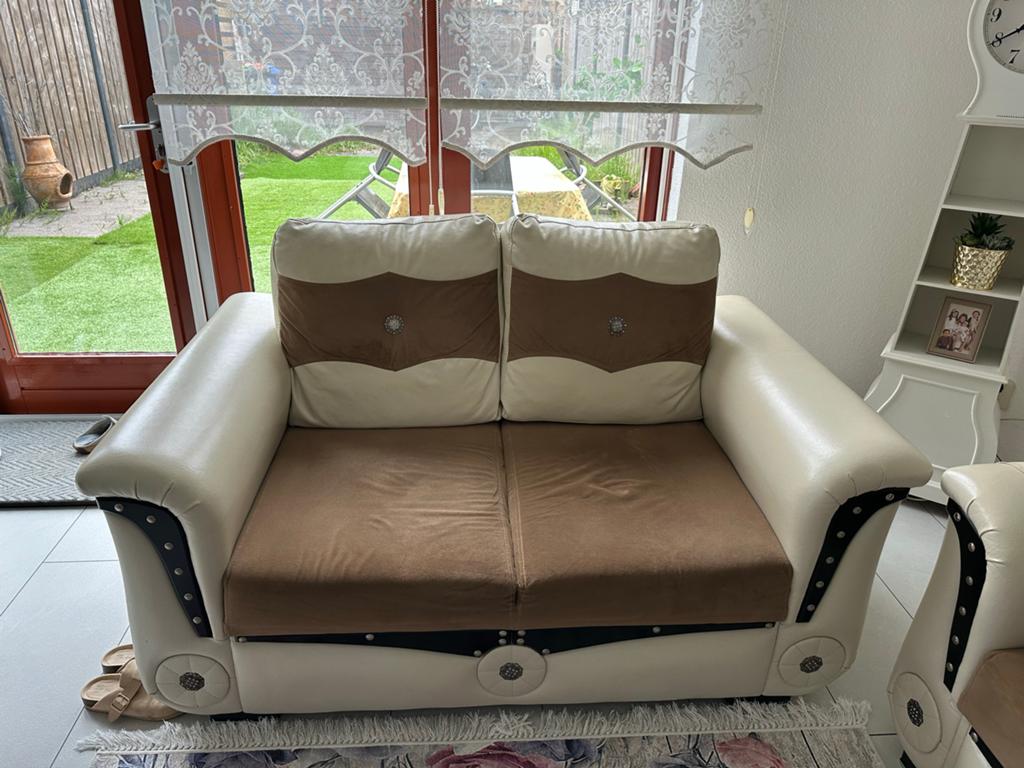 Set van 2 comfortabele lederen banken - crème/bruin, Ophalen, Gebruikt, Driepersoons, 75 tot 100 cm