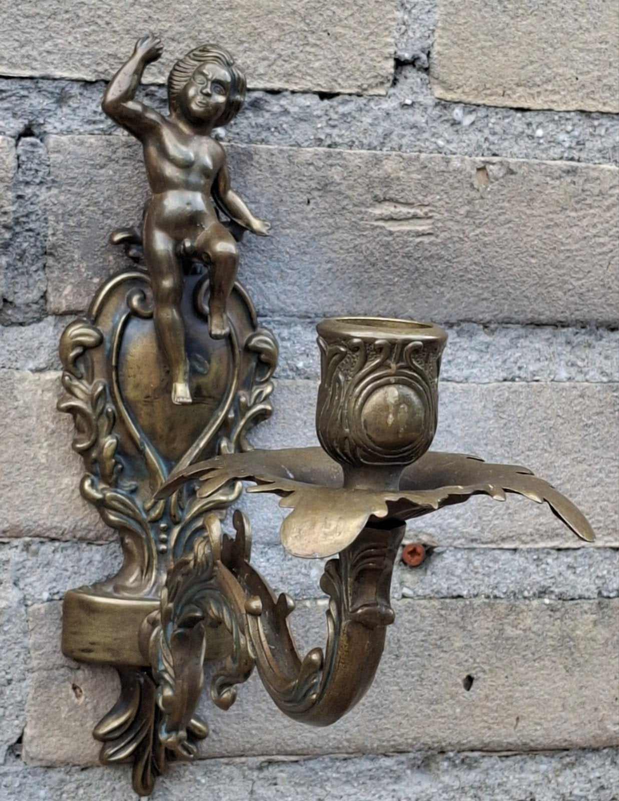 Wandkandelaar. Putti. 21 cm.  Messing., Ophalen, Overige merken, Zo goed als nieuw, Metaal