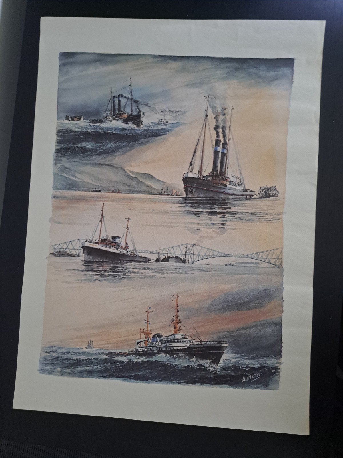 Ad. M. Oudes -litho  Maritiem met Schepen, Ophalen of Verzenden