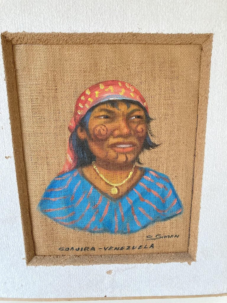 schilderij venezolaanse Wayuu/Goajirastam op jute, Antiek en Kunst, Kunst | Schilderijen | Klassiek, Ophalen of Verzenden