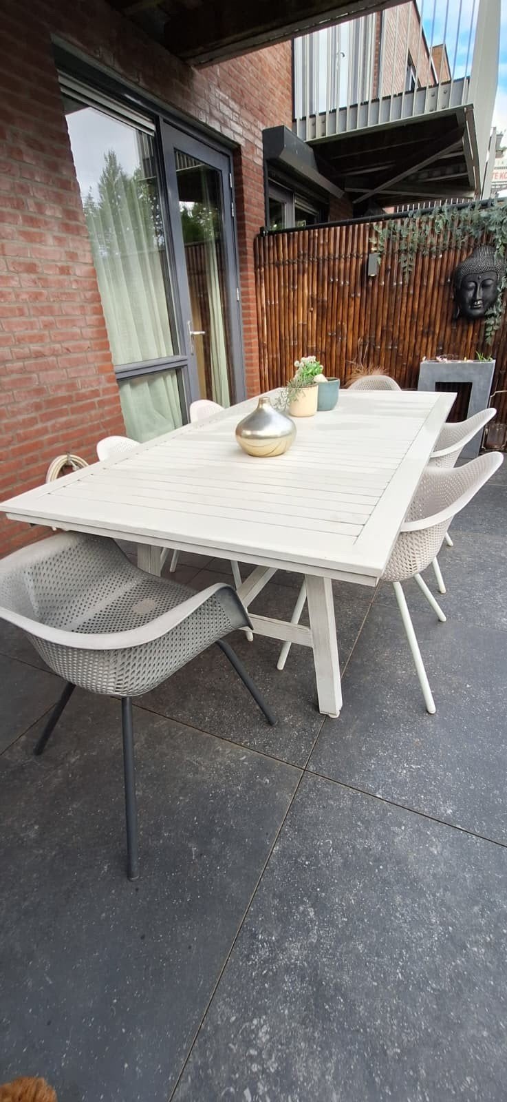 Grote tuintafel met 6 stoelen, Tuin en Terras, Ophalen, Gebruikt, Eettafel, 6 zitplaatsen
