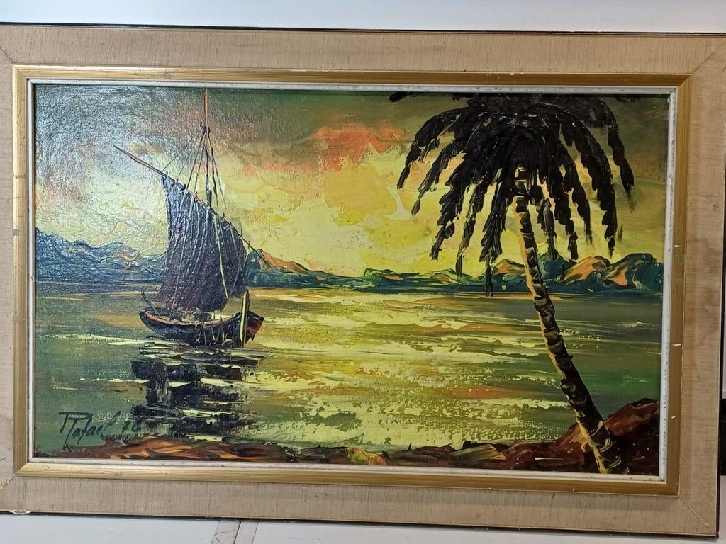 Olieverf Schilderij Zeilboot bij Zonsondergang Rafael 76, Ophalen of Verzenden