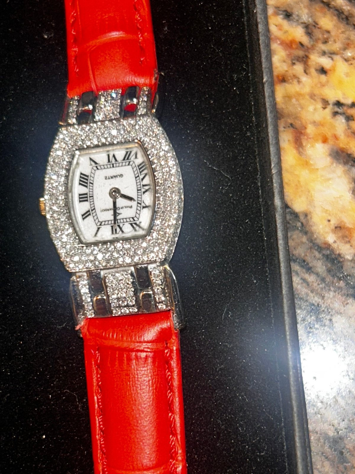 dames horloge Philip Gerardot 18 carat goud met brilante, Leer, Polshorloge, Zo goed als nieuw, Goud