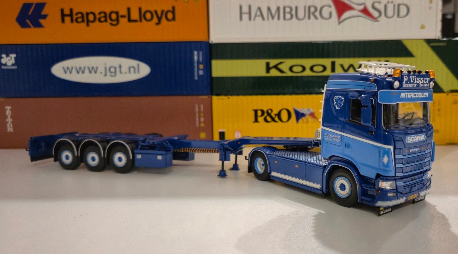 Tekno Scania NG S540 P. Visser met container trailer, Hobby en Vrije tijd, Ophalen of Verzenden, Nieuw, Bus of Vrachtwagen, Tekno