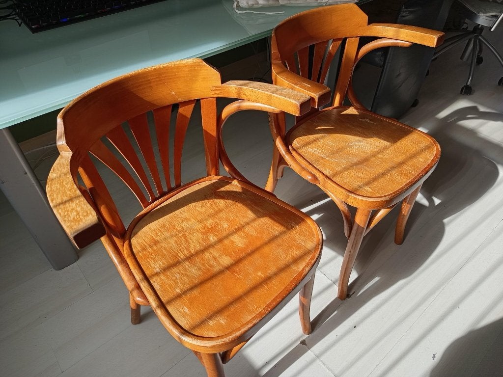Thonet-stijl gebogen houten bistrostoelen set met leuning, Huis en Inrichting, Ophalen, Gebruikt, Twee, Bruin