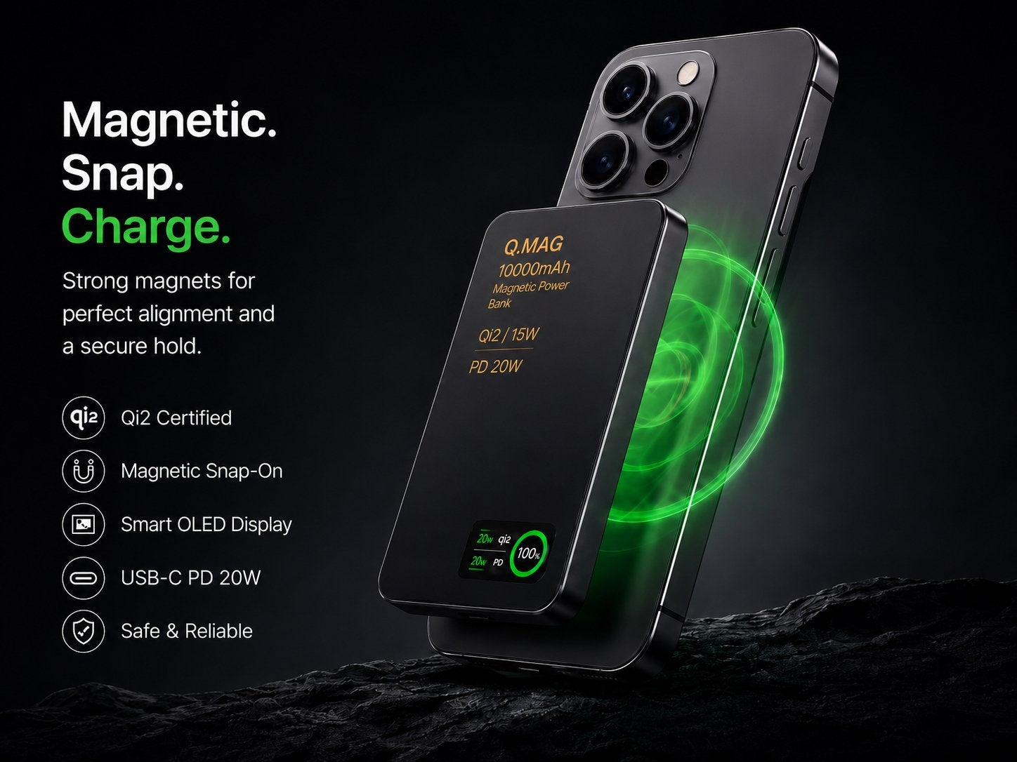 Magnetische Powerbank 10000mAh Qi2 15W Draadloos ZWART, Ophalen of Verzenden, Nieuw, Overige typen