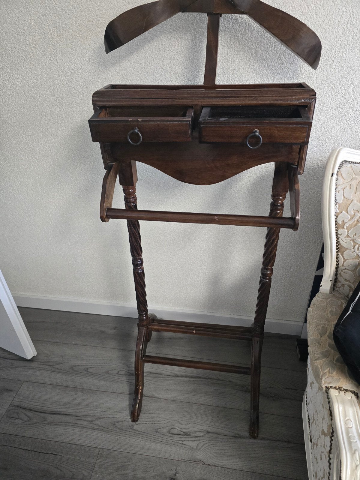 Vintage houten valet stand met lades, Ophalen, Gebruikt, Staande kapstok, 150 tot 200 cm