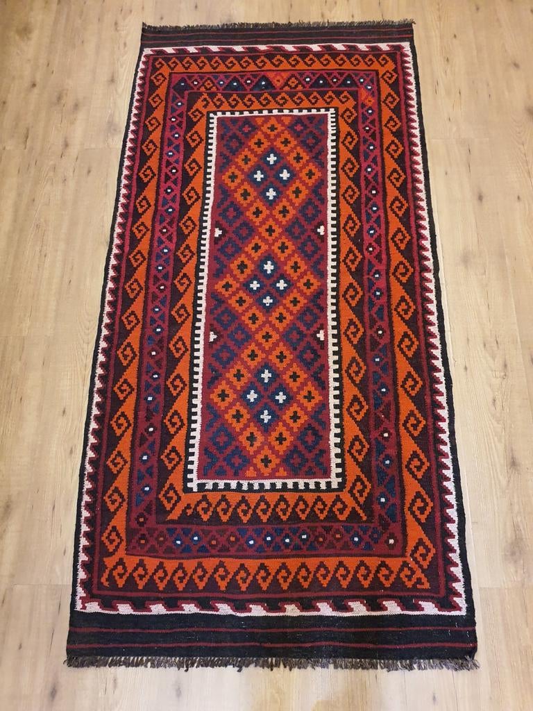 Handgeweven oosterse wollen kelim 207x101, Info@SlatsAntiek.nl, 100 tot 150 cm, Crème, Vof Slats Antiek
