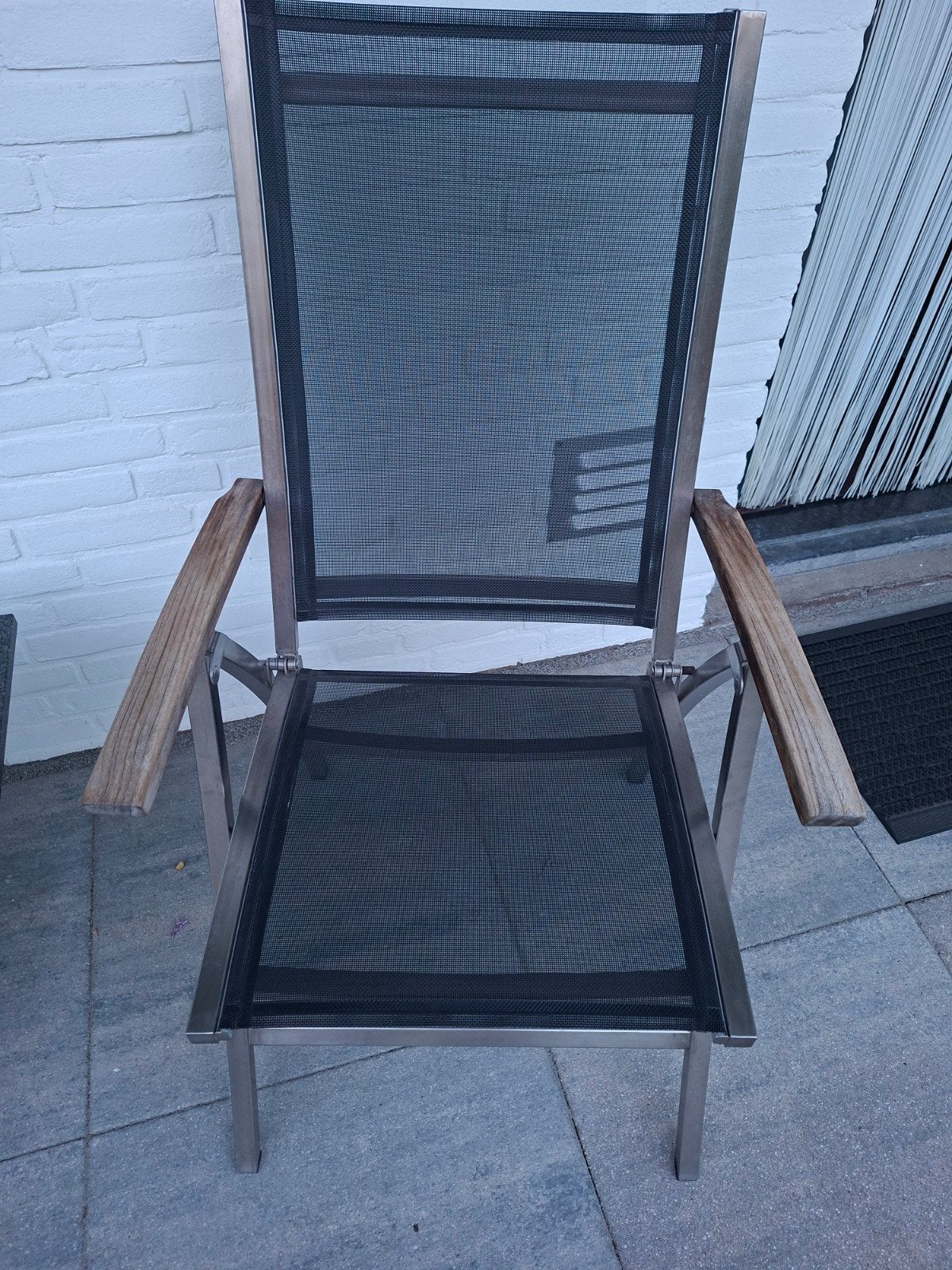 Hartman RVS tuinstoel met textileen en teakhouten armleuning, Tuin en Terras, Tuinstoelen, Ophalen, Gebruikt, Rvs, Inklapbaar