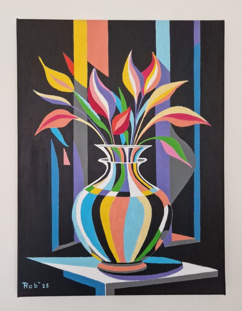 Vaas met bloemen, zelf geschilderd op doek met acryl, Antiek en Kunst, Kunst | Schilderijen | Abstract, Ophalen