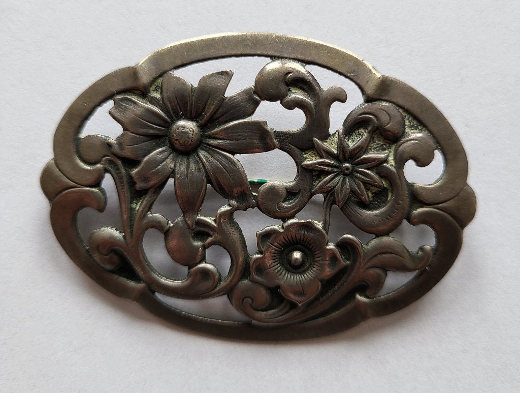 Vintage zilveren broche met bloem motief, Ophalen of Verzenden, Zilver, Broche