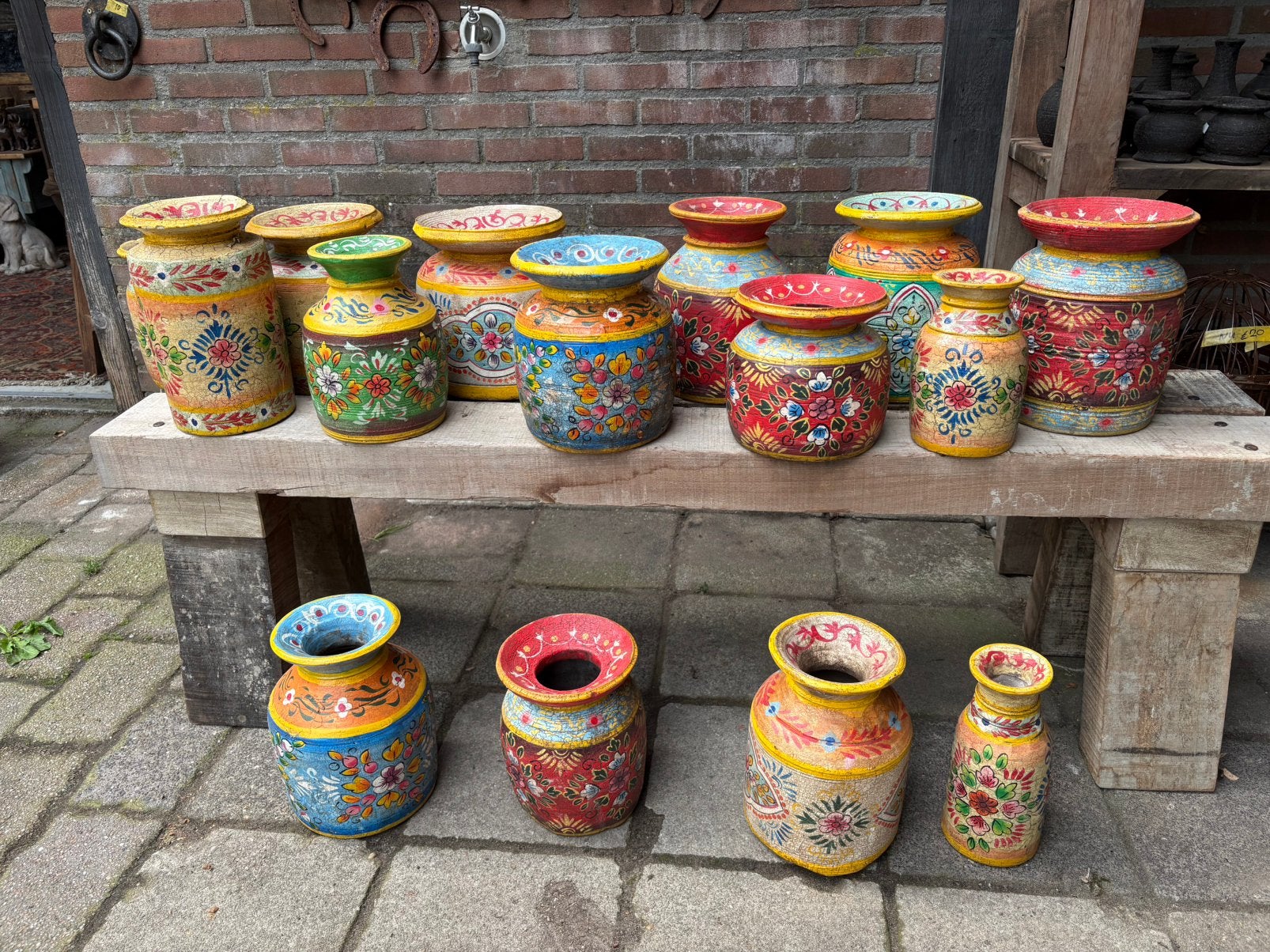 Oude handbeschilderde Nepalese kruiken - Ibiza stijl!! ACTIE, Hout, Gebruikt, Ophalen of Verzenden, Nvt