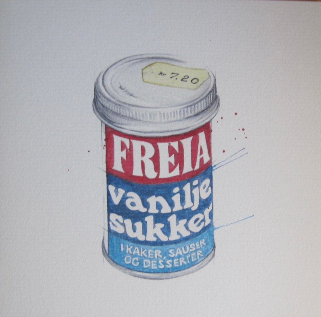 aquarel van Freia vaniljesukker (Noorse vanillesuiker) blik, Verzenden, 1980 tot heden, Ongelopen, Overige thema's