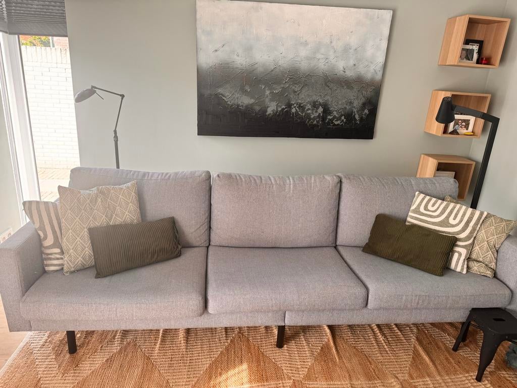 Moderne 3-zitsbank in lichtgrijs stof, Huis en Inrichting, Banken | Bankstellen, Ophalen, 250 tot 300 cm, Driepersoons, 75 tot 100 cm