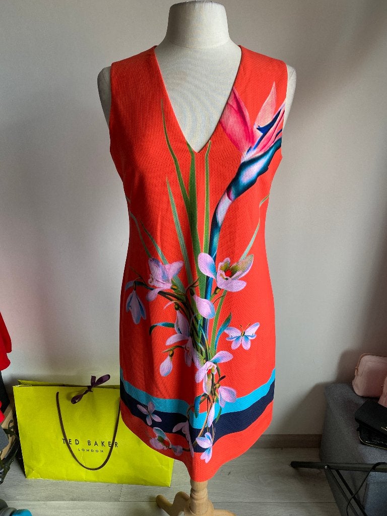 Ted Baker jurk met bloemenprint - Maat 38, Kleding | Dames, Maat 38/40 (M), Oranje, Ophalen of Verzenden, Zo goed als nieuw