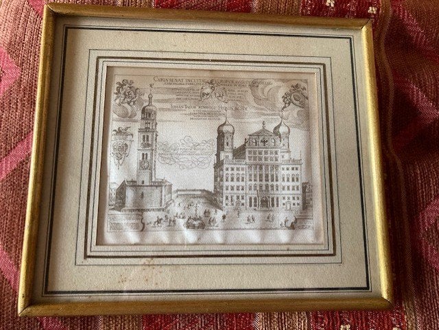 Zijde gravures, Ingelijst, 1950 - 1999, Stadsgezicht, 19 cm