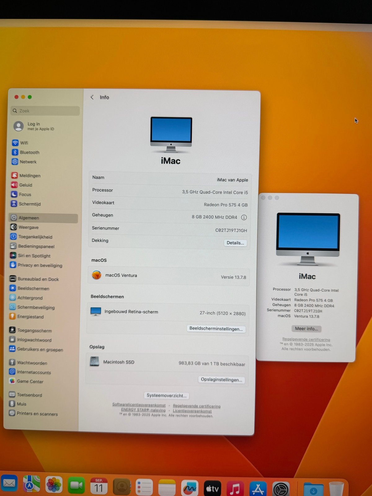 Apple iMac 27 inch Retina 5K 2017 1TB SSD 3,5GHz i5 Compleet, IMac, Ophalen of Verzenden, Zo goed als nieuw, 3 tot 4 Ghz