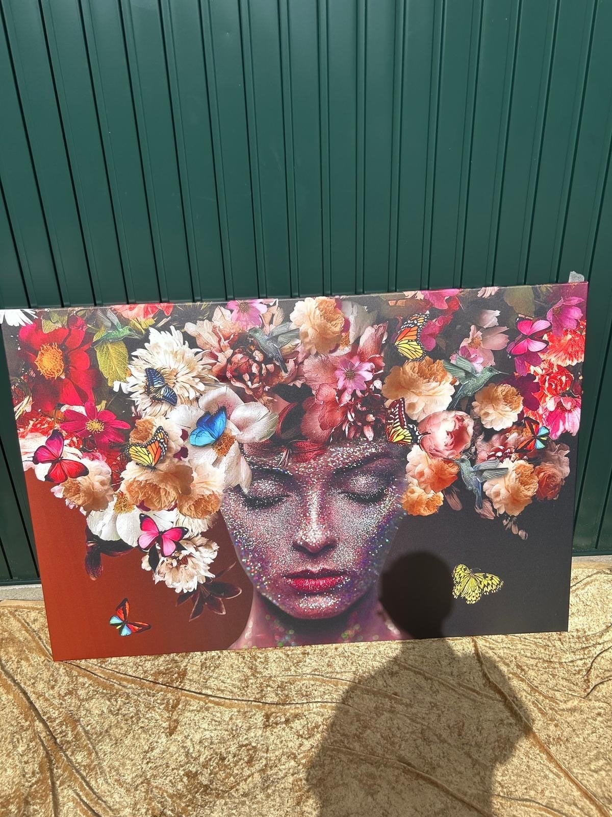 Canvas schilderij met bloemen en vlinders, Ophalen, Figuren, Print, Op houten frame