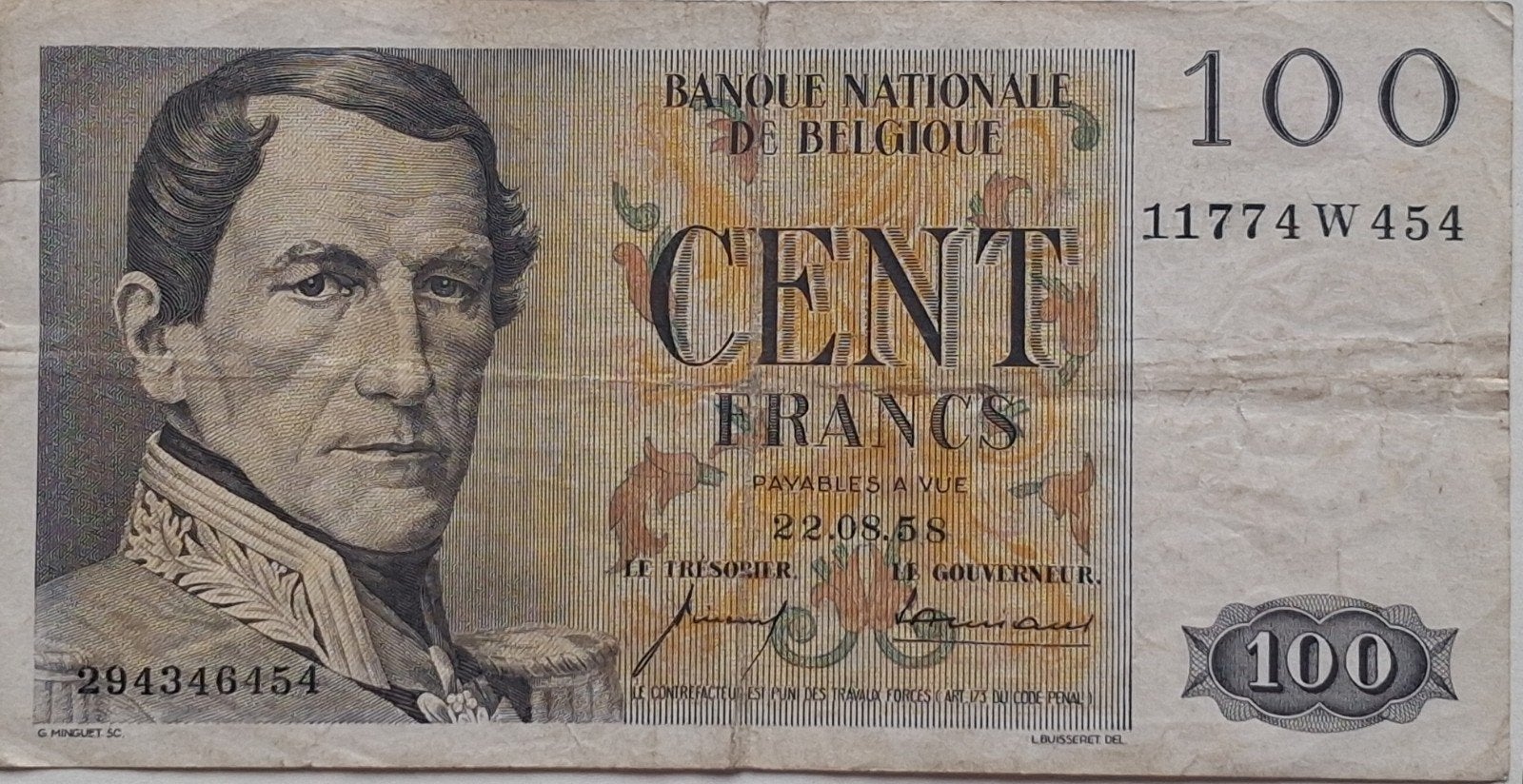 Belgisch biljet van 100 frank uit 1958, Postzegels en Munten, Bankbiljetten | België, Ophalen of Verzenden, Los biljet