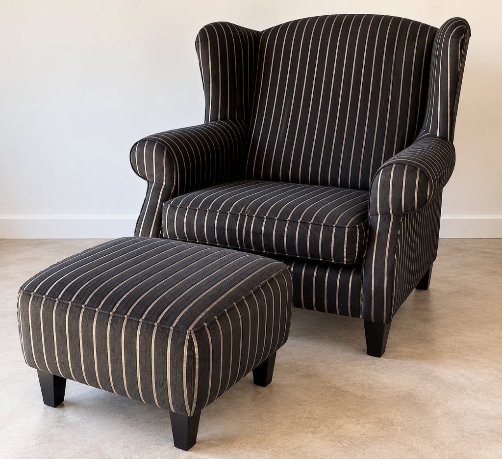 Prachtige klassieke oorfauteuil met bijpassende hocker, Ophalen, Gebruikt, Stof, 75 tot 100 cm