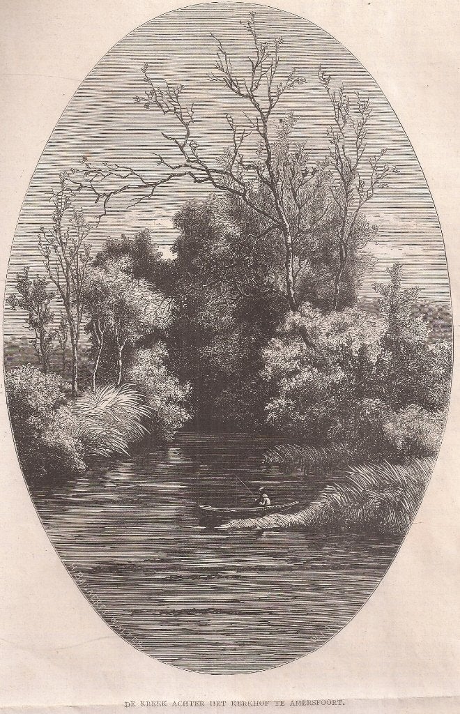 DE KREEK ACHTER HET KERKHOF TE AMERSFOORT 1873 Houtgravure, Antiek en Kunst, Gesigneerd, Stadsgezicht, Ophalen of Verzenden, Gravure