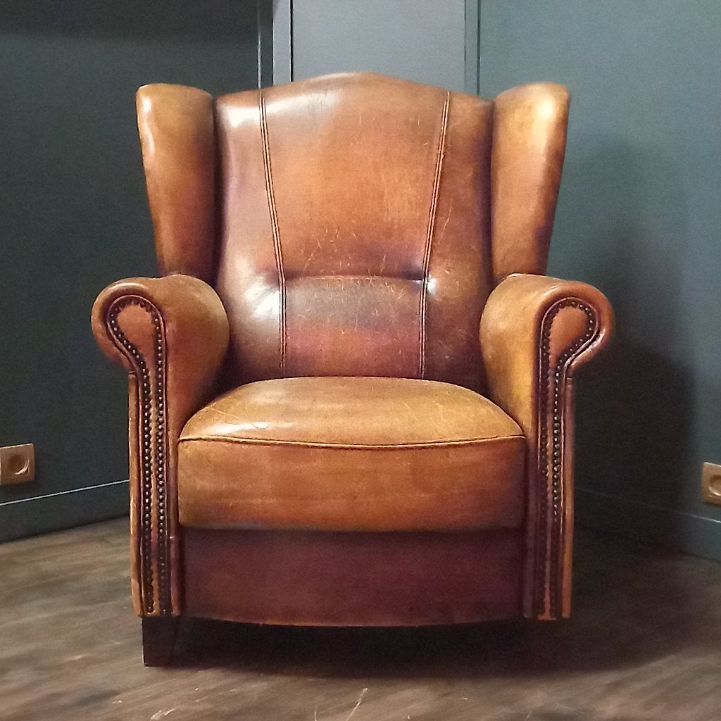 Rubuuste Vintage Schapenleren Fauteuil, Gebruikt, Ophalen of Verzenden, 75 tot 100 cm, Leer