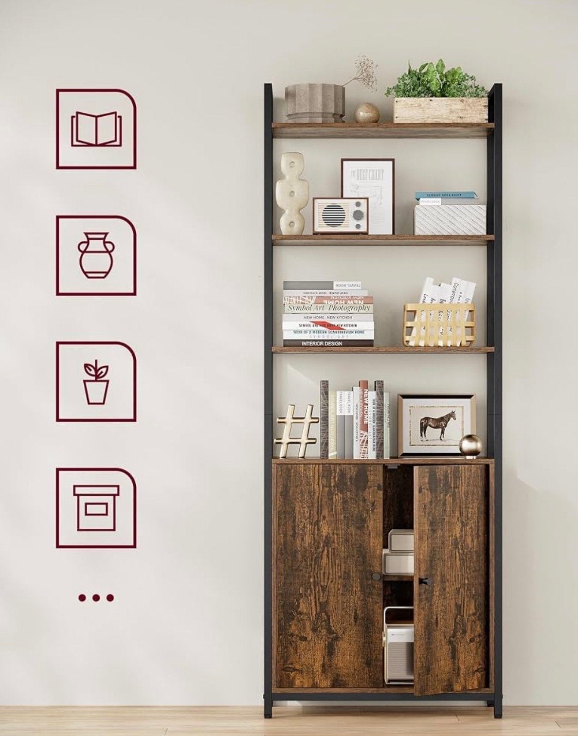 VASAGLE Boekenkast met deuren, rustiek bruin en mat zwart, Nieuw, 50 tot 100 cm, Minder dan 25 cm, 150 tot 200 cm