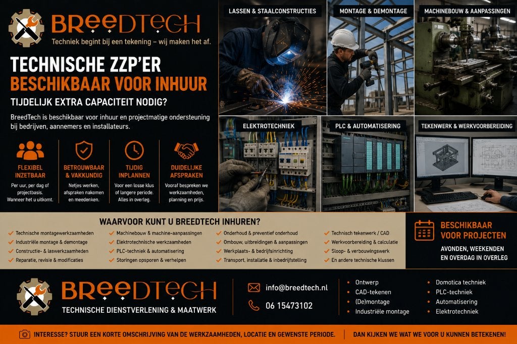 Technische ZZP'er monteur beschikbaar voor inhuur BreedTech, Vacatures, Overige uren, HBO, Vanaf 10 jaar, Freelance of Uitzendbasis