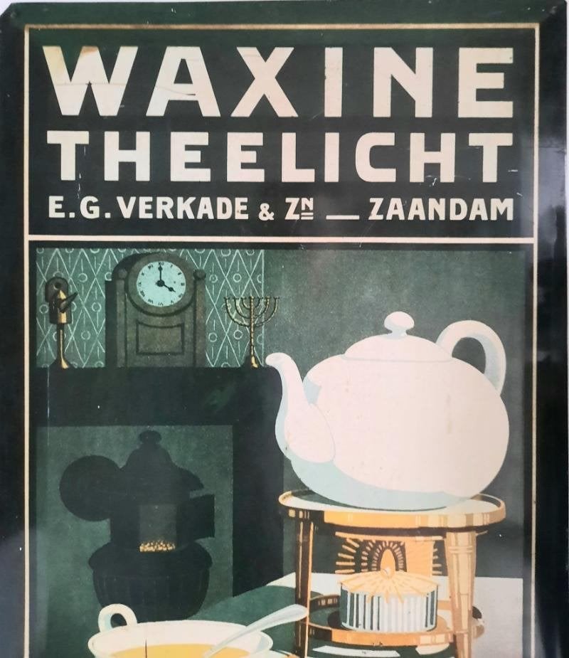 Blikken reclame plaat en emmer van waxine theelicht gouda, Ophalen of Verzenden, Gebruikt, Koek(jes), Verkade