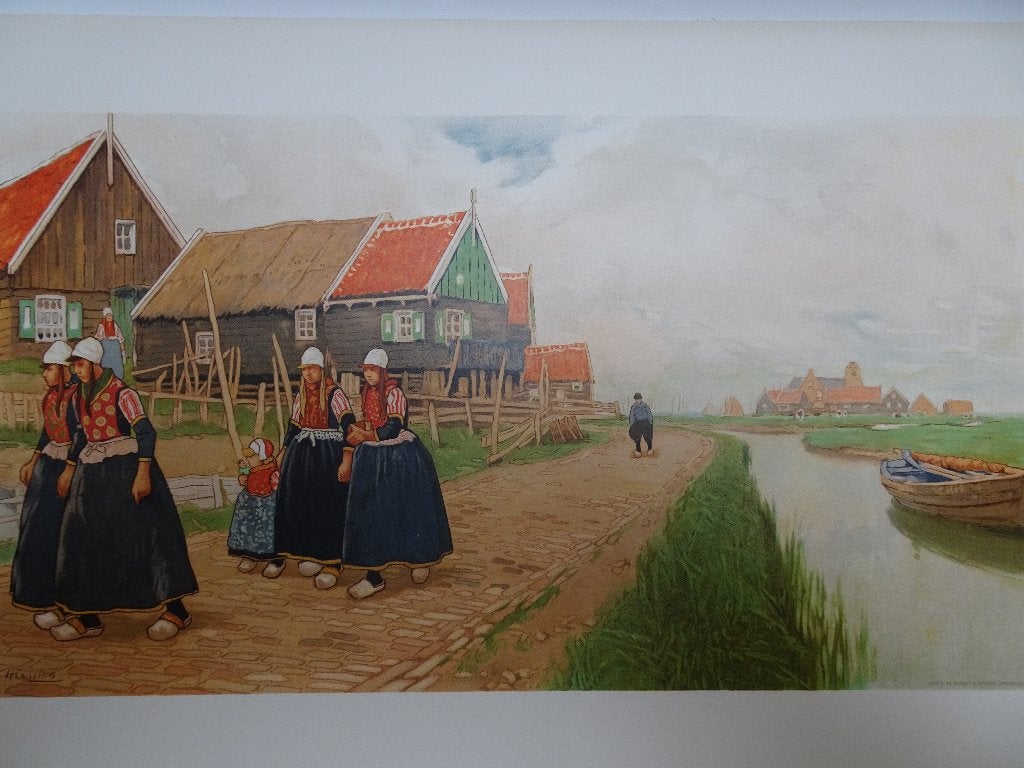 litho zicht op oude Marken, klederdracht, H. Cassiers 1900, Antiek en Kunst, Kunst | Litho's en Zeefdrukken, Origineel, Verzenden