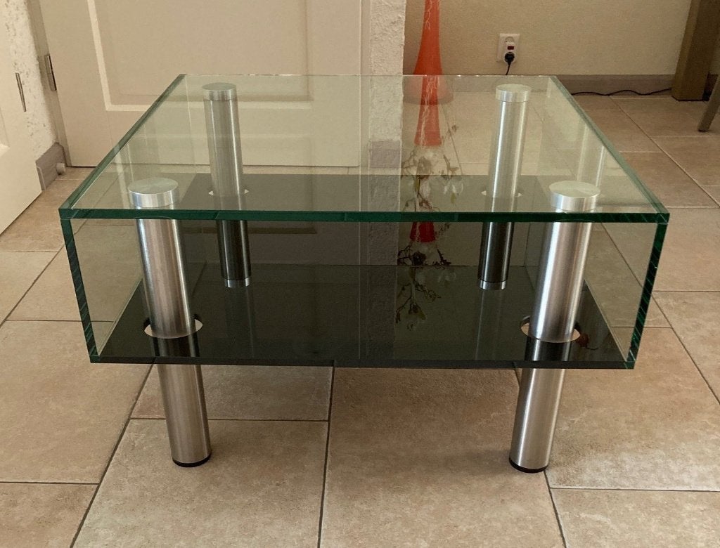 Hoek-,  Salon-, bijzettafel van geslepen glas 70x70x43, Vierkant, 55 tot 75 cm, Ophalen, 45 tot 60 cm